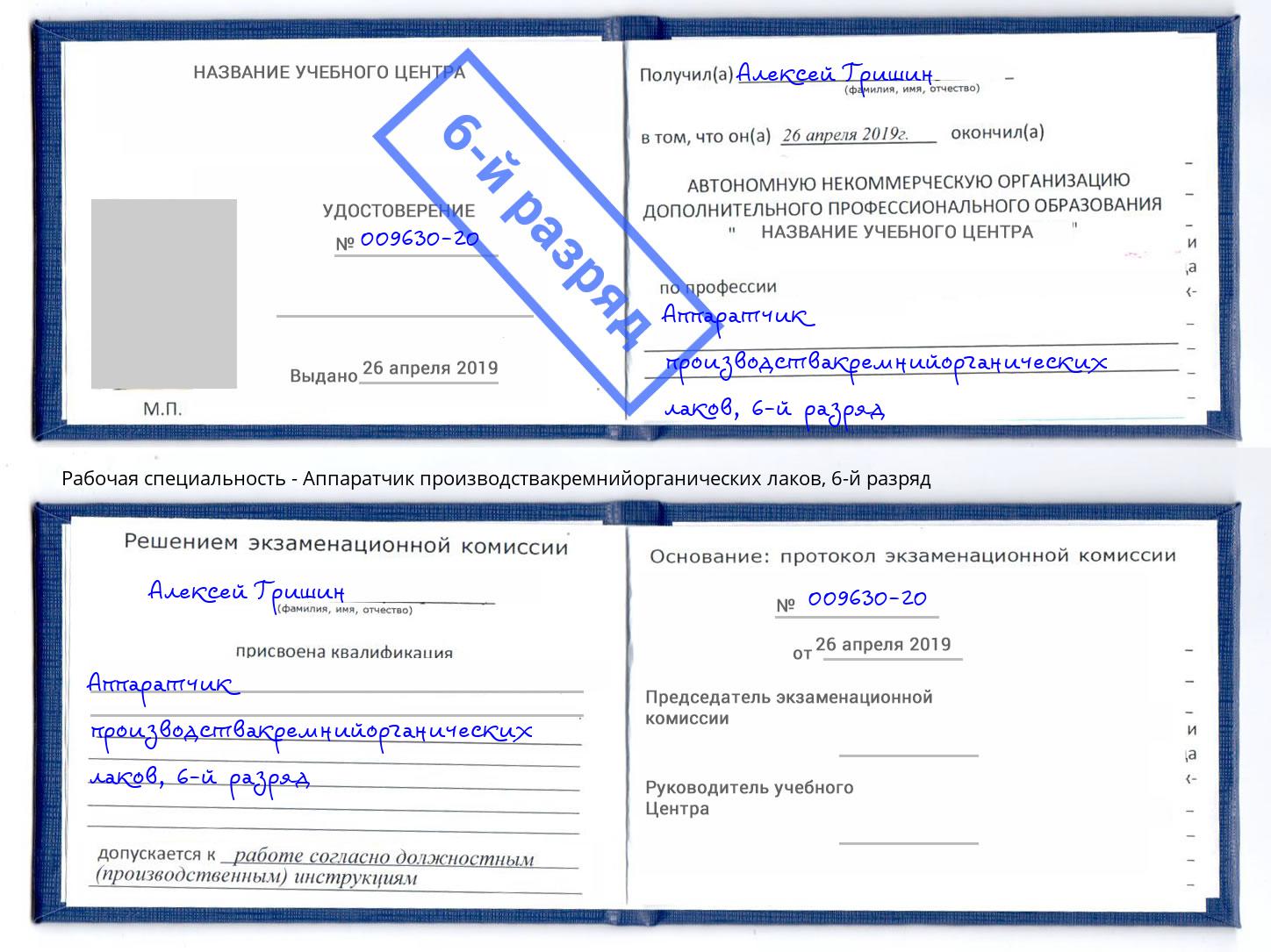 корочка 6-й разряд Аппаратчик производствакремнийорганических лаков Кисловодск