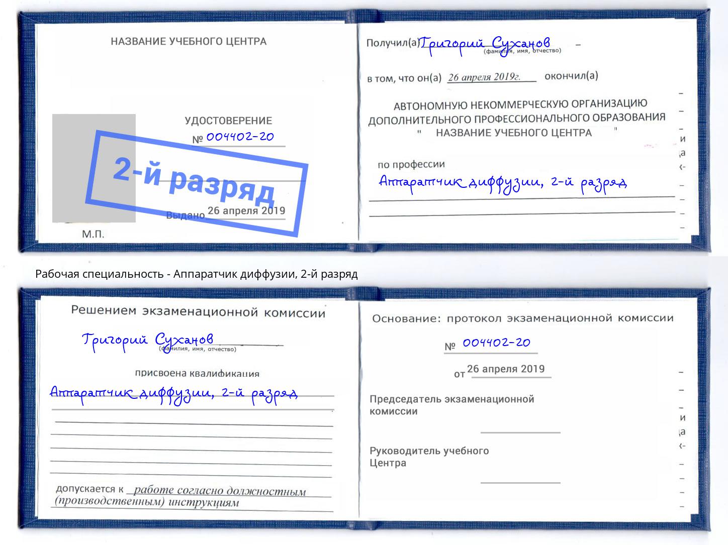 корочка 2-й разряд Аппаратчик диффузии Кисловодск